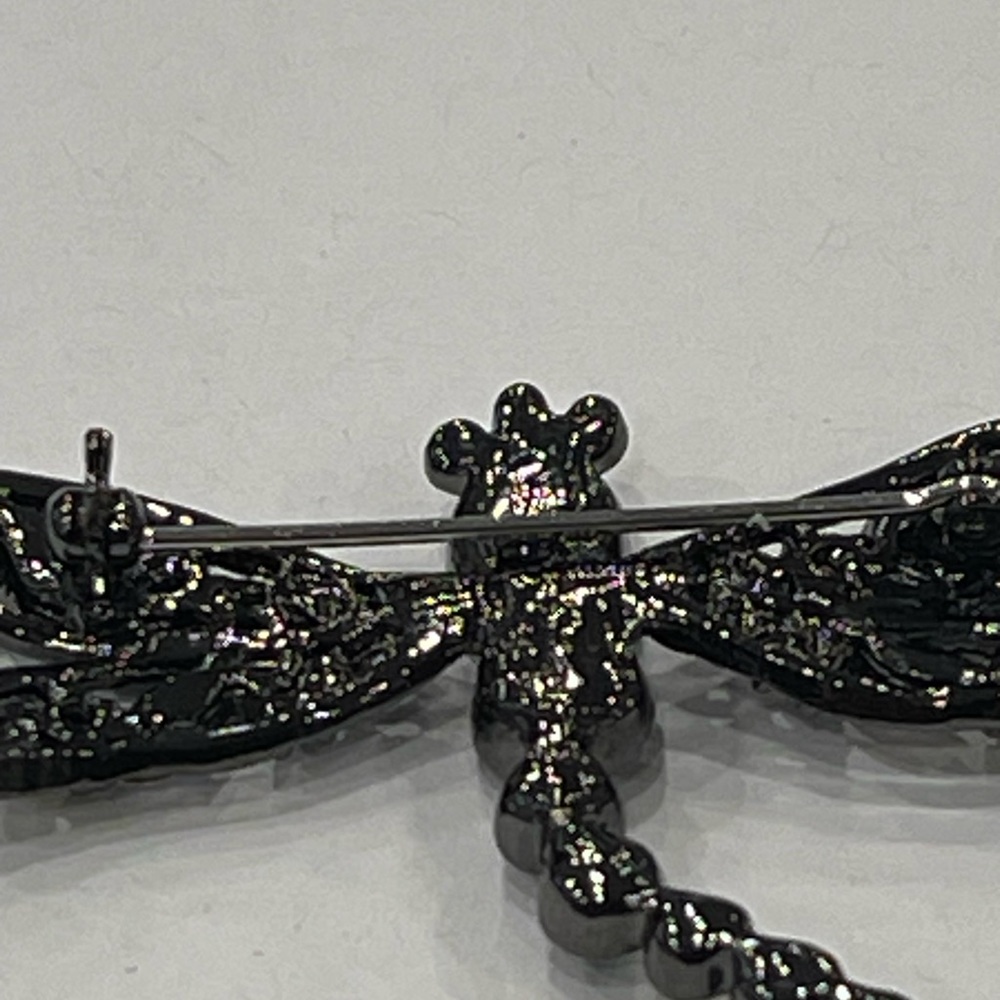 Vintage Multicolor Rhinestone Dragonfly Brooch Black Metal  Has Crown Mark - Picture 12 of 16